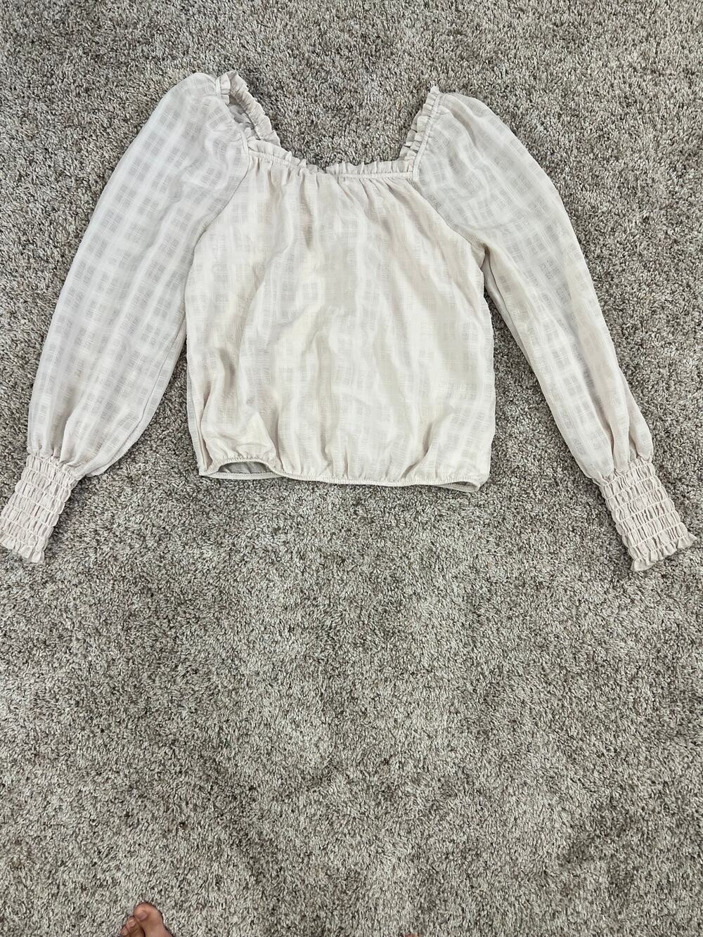 Penelope rose Smocked Peasant Top Off the Shoulder Cream Blouse Sheer Small